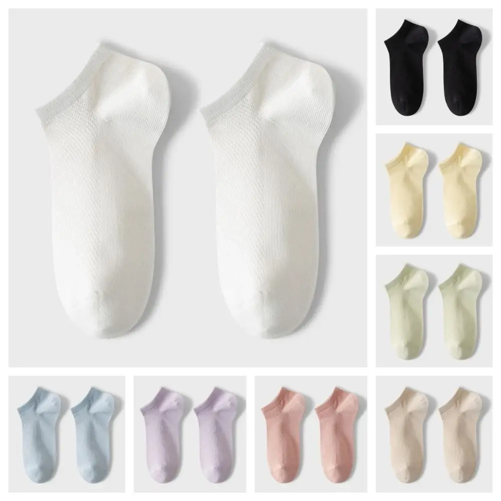

5Pairs Solid Color Women Boat Socks Sweat Absorption Breathable Cotton Mesh Socks Hosiery Anti Slip Ankle Thin Socks Summer