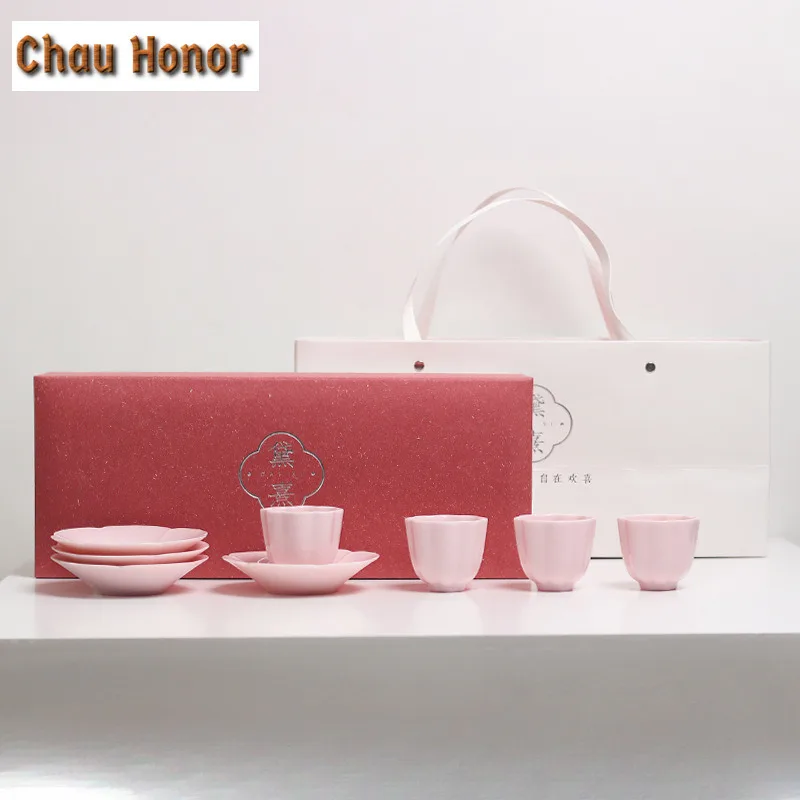 

4pc/set Boutique Jade Mud Cherry Blossom Powder Teacup Tea Bowl Set of Cups Tea-tasting Smelling Cup Jianzhan Master Cups Teaset