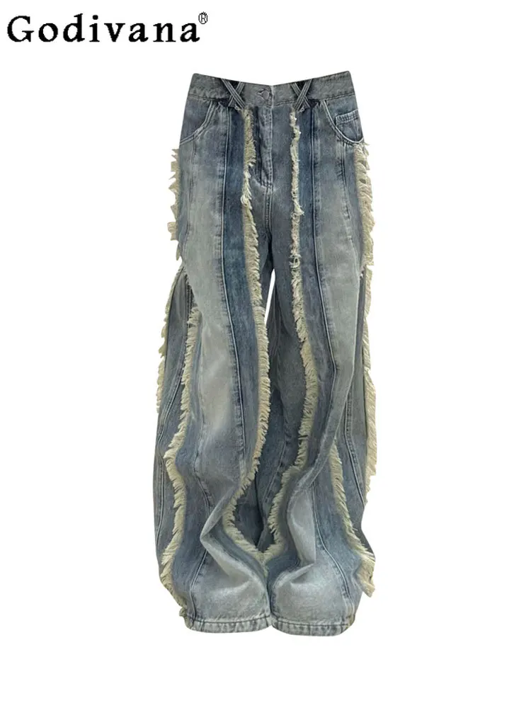 

Large Size American Street Personalized Fringed Rough Edge Retro Leisure Jeans Girl New Wide Leg High Waist Loose Floor Pants