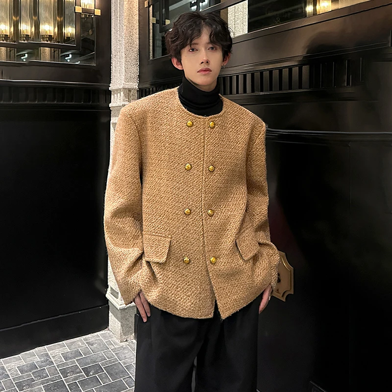 LUZHEN 2025 New High Quality Double Breasted Round Neck Wool Casual Jacket Men's Round Neck Solid Color Shoulder Pad Coat JY4904