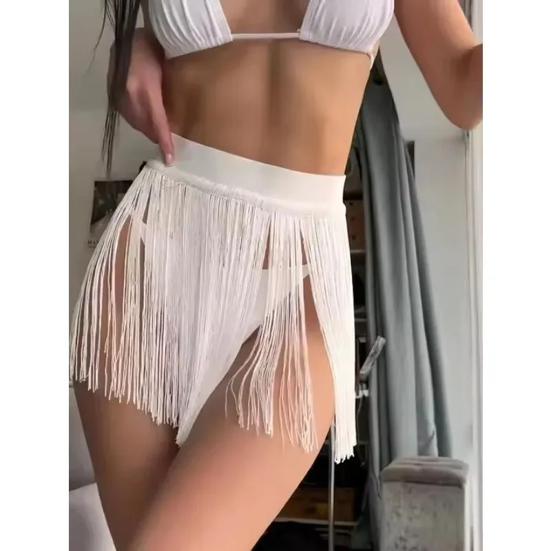 Summer Mini Tassels Black See Through Skirts Women Sexy High Waist Solid Dress Girls Party Clubwear Beach Wrap Bikini Cover Ups