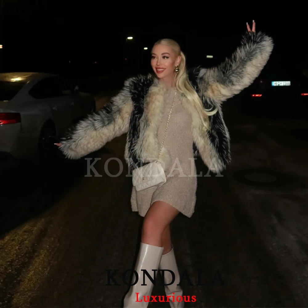 เสื้อโค้ทขนสัตว์แบบแพทช์เวิร์ค KONDALA สำหรับผู้หญิง คอทรงโอ แขนยาว แจ็คเก็ตสั้น แฟชั่นฤดูใบไม้ผลิ ฤดูหนาว 2026 สไตล์ลำลอง สวยสง่า