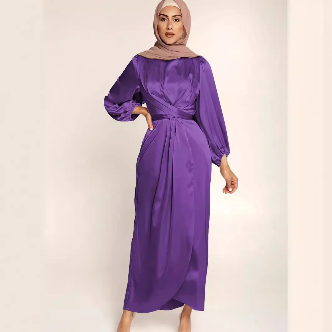 

Women Satin Abaya Long Dress Waist Pleating Dubai Long Sleeve Solid Color Ankle Length Dress