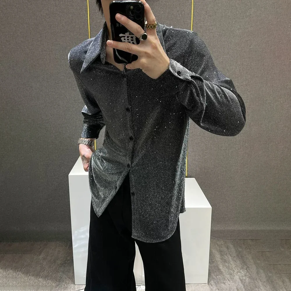 Mens Shirts Gold-Stamped Shiny Shoulder Pads Ballroom Shirts Nightclub Stage Performances Fashion Tops Men'S Clothing 2025 New