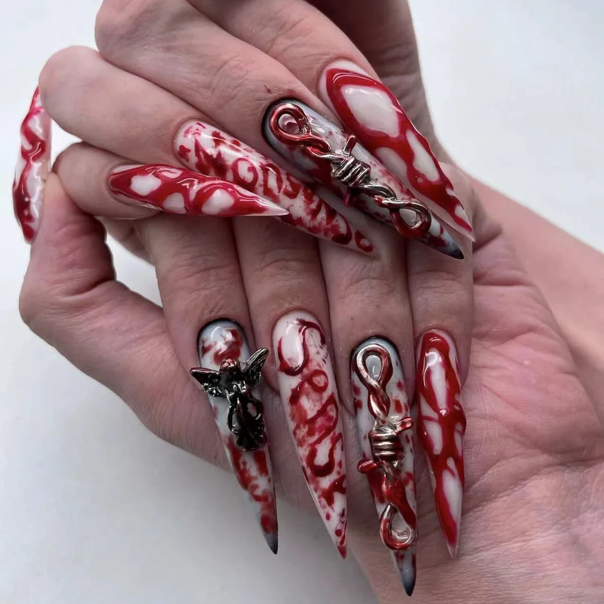 

24PCS 3D Gothic Angel Press-On Nails - Metallic Twists & Blood Ombre Long Almond Shape (Halloween SFX)