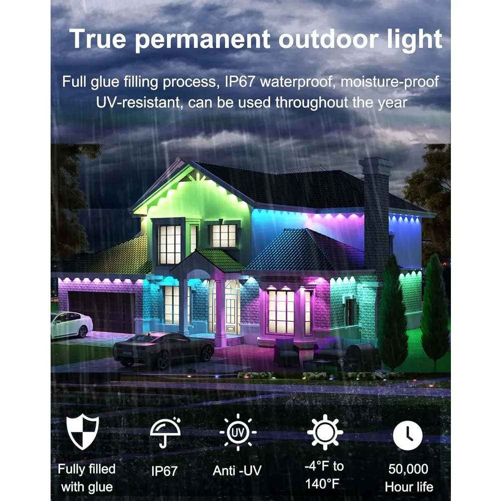 أضواء خارجية ذكية دائمة، 100 قدم مع 60 سلسلة أضواء LED RGBW+IC، IP67 مقاومة للماء مع 108 أوضاع للمشهد لـ Ha