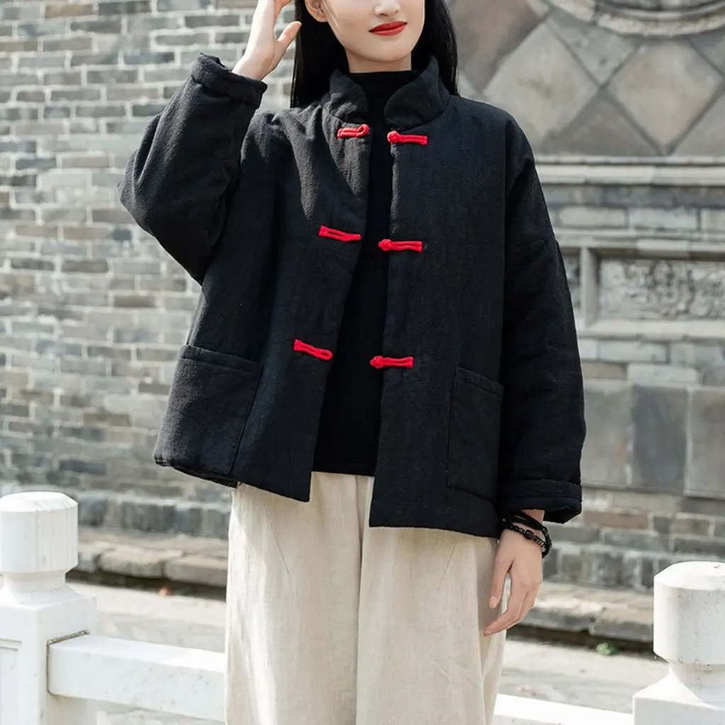 

Winter Women's Cotton Jacket Pure Color Retro Chinese Style Ramie Buckle Stand Collar Short Cotton Coat Warm Clothing