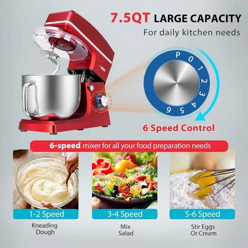 7.5 Quart Stand Mixer, 660W 6-Speed Tilt-Head Kitchen Electric Food Mixer with Beater, Dough Hook, Wire Whip, and Egg Separator