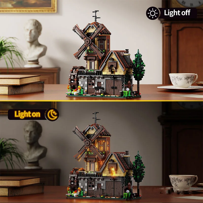 Ensemble de blocs de construction MOC Ferme médiévale européenne 1580 pièces, Moulin à vent et Cottage du village, Modèle architectural éducatif avec lumière LED