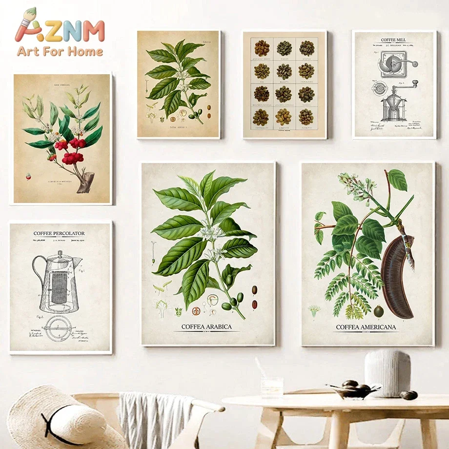 Vintage Arabic Coffee Bean Medicinal Plants Canvas Painting Posters and Prints Wall Art Picture for Living Room Decoration