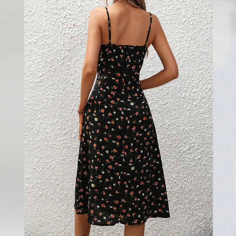 2025 primavera verano vestido dividido para mujer y2k moda vestido ajustado con estampado Floral mangas largas dulce A-line sexy negro vestidos con tirantes