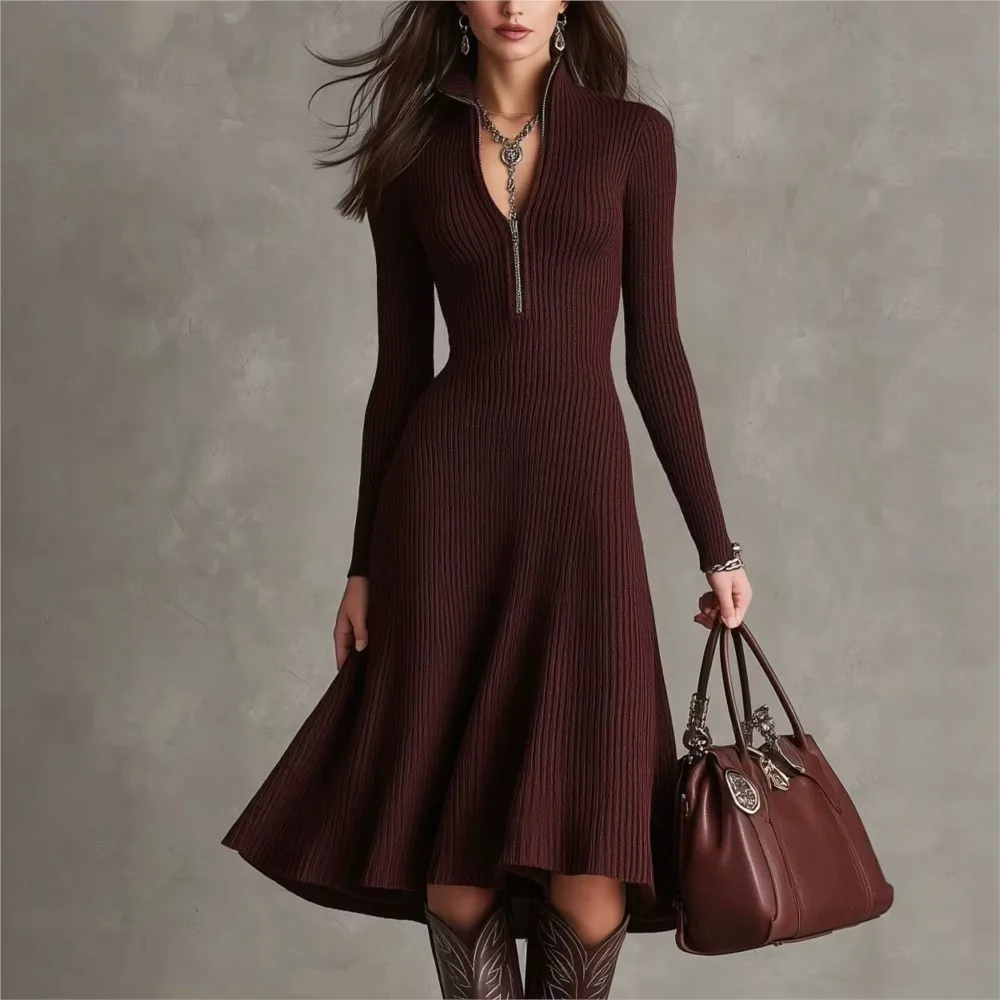 Autumn Winter Zipper Stand Collar Knit Sweater Slim Midi Dress Elegant Women Solid Color Long Sleeve High Waist Bodycon Dresses