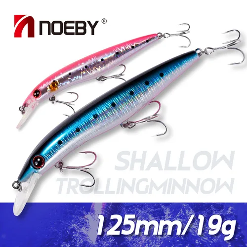 Señuelo de pesca Noeby Minnow, 125mm, 19g, Wobbler flotante, curricán poco profundo, cebo duro Artificial de alta calidad para Señuelos de Pesca de Mar