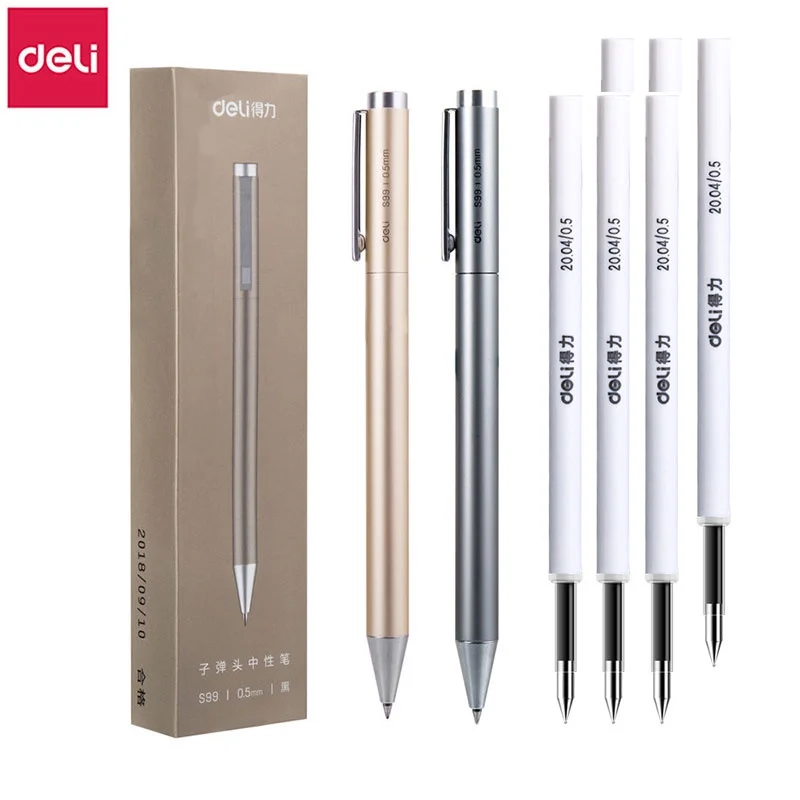 7pcs Metal Gel Pen Set 0.5mm Deli Roller type Black Ink Ballpoint Pen Replaceable Refill School Stationery Office Supplies