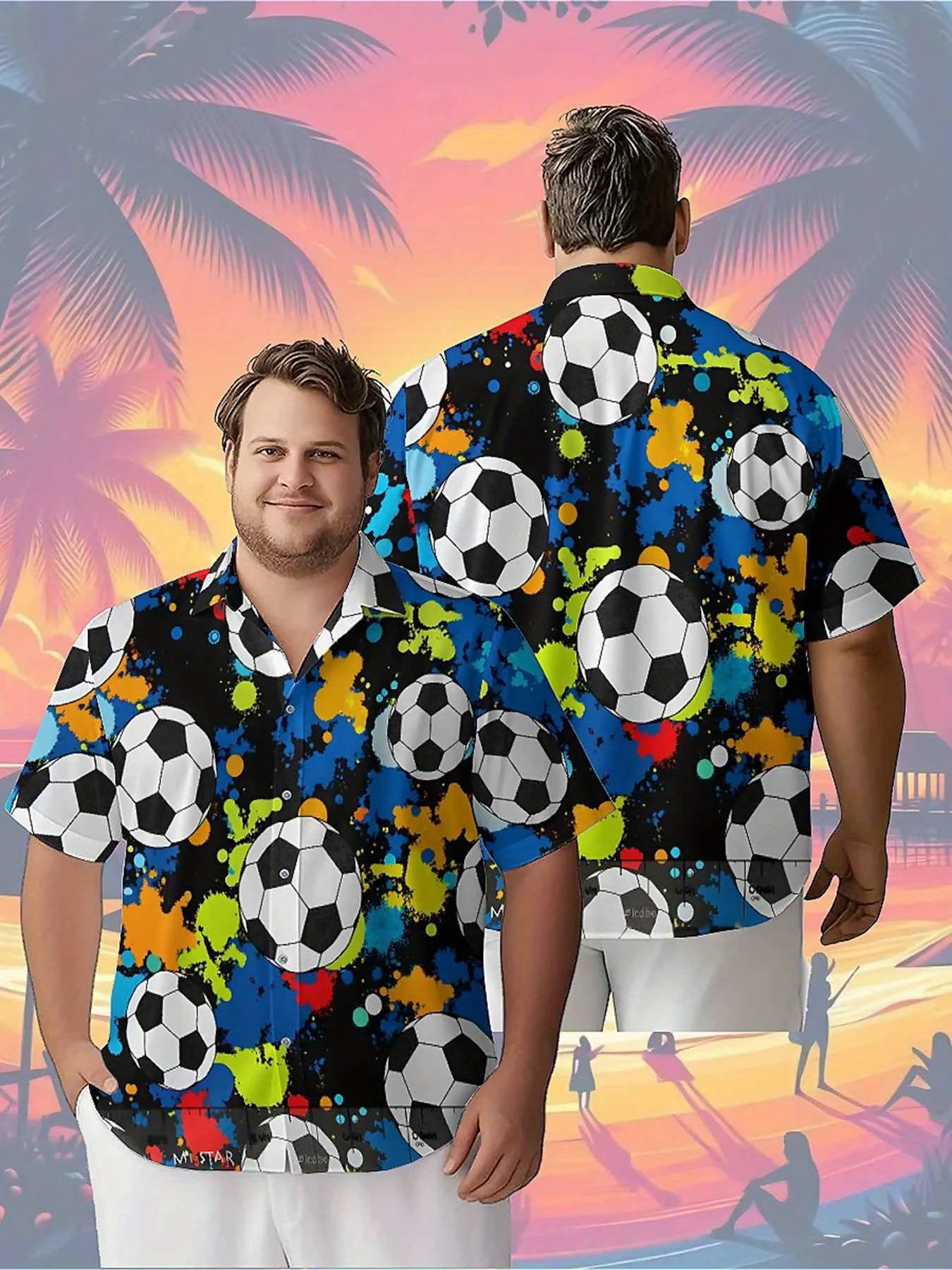 

Men's Plus Size Hawaiian Shirts Black and White Football and Colorful Ink Splash Background pattern, Baggy Shirts,summer Clothes
