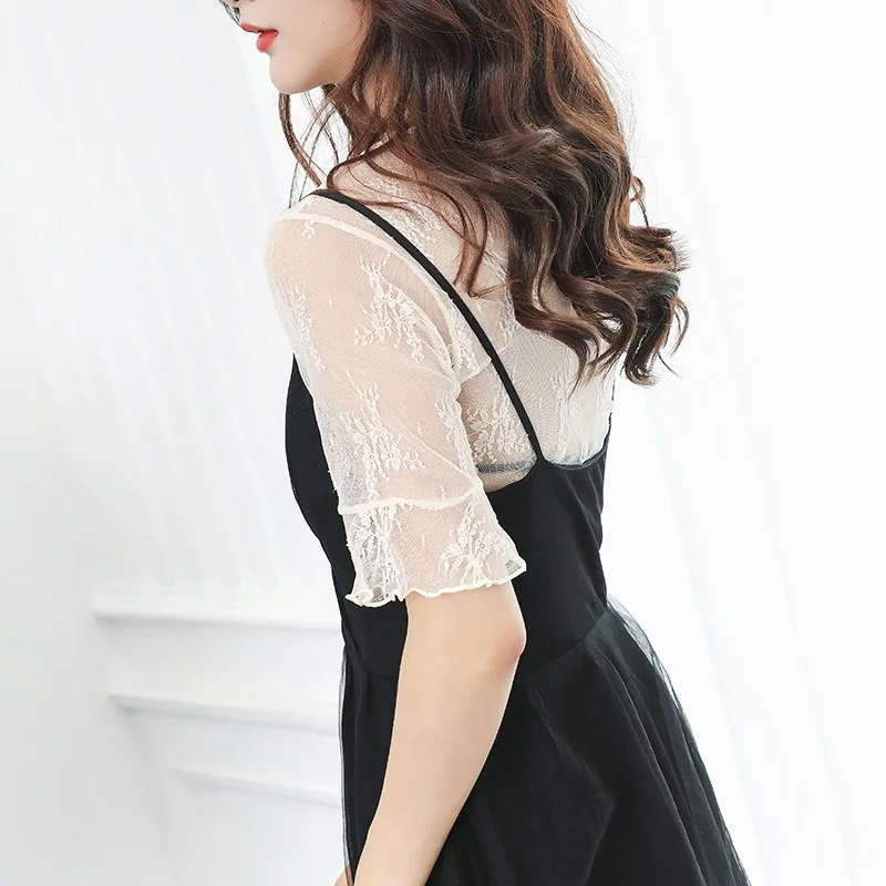 

Summer Lace Shirt Thin Short Sleeve Mesh Base Shirt Hollow out Design round Neck Pure Color Versatile Style Women's Fashion Top