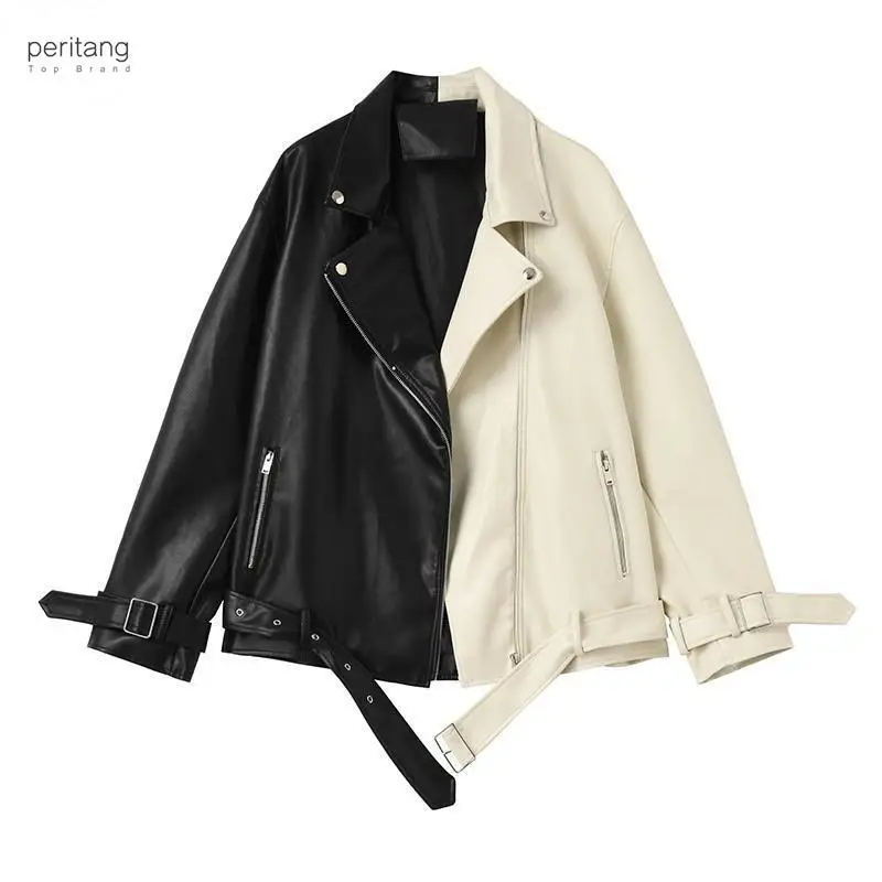 

Spring Autumn Lapel Splicing Pu Leather Jacket Women Moto Frenulum Faux Soft Leather Coat Casual Loose Outwear With Belt