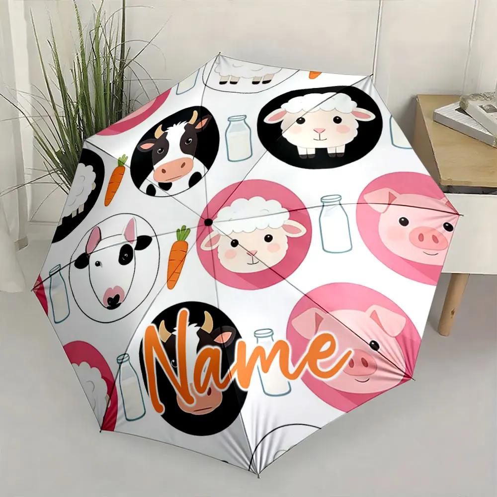 Custom Name Umbrella Adorable Farm Animals Umbrella Design Print 8 Iron Ribs Folding Umbrella Auto-Open Fashion Sunshade