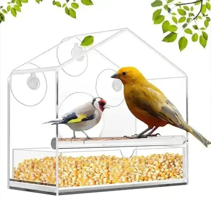 2024 Bird Feeder Transparent Food Dispenser House Outdoor Window Birdfeeder Water for Finches Chickadees