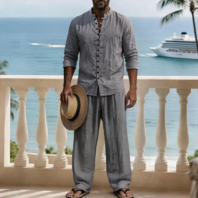 Vintage Men Linen Long Sleeve Shirt And Pants Two Piece Suits Fall Henley Stand Collar Solid Color Daily Casual Mens Outfits