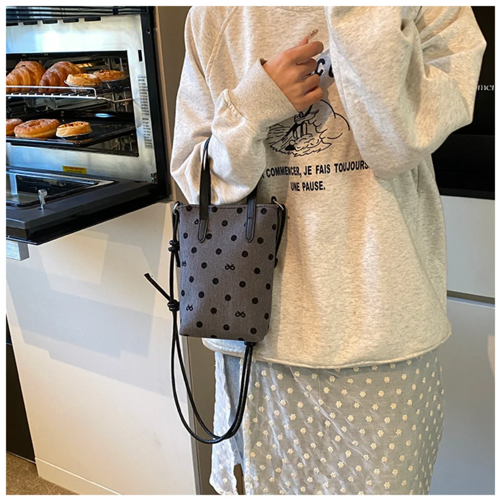 Fashionable Polka Dot Bow Print Shoulder Bag for Women Portable Canvas Bag Coin Lipstick Key Tote Bag Versatile Crossbody Bag