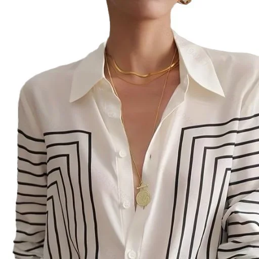 ฤดูใบไม้ผลิฤดูใบไม้ร่วงผู้หญิงเสื้อแขนยาวลาย Elegant Turn Collar หลวมผ้าไหมเสื้อและเสื้อ