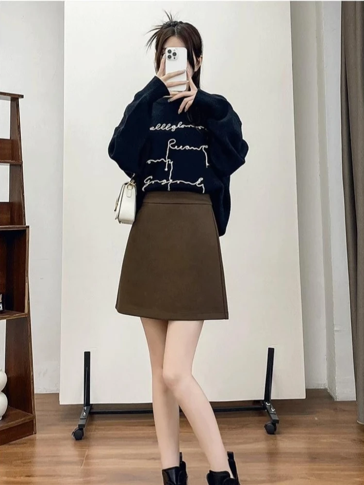 2025 New Korean Style Wool A-Line Midi Skirt Women High Waist Solid Slimming College Kawaii Mini Skirts Woman