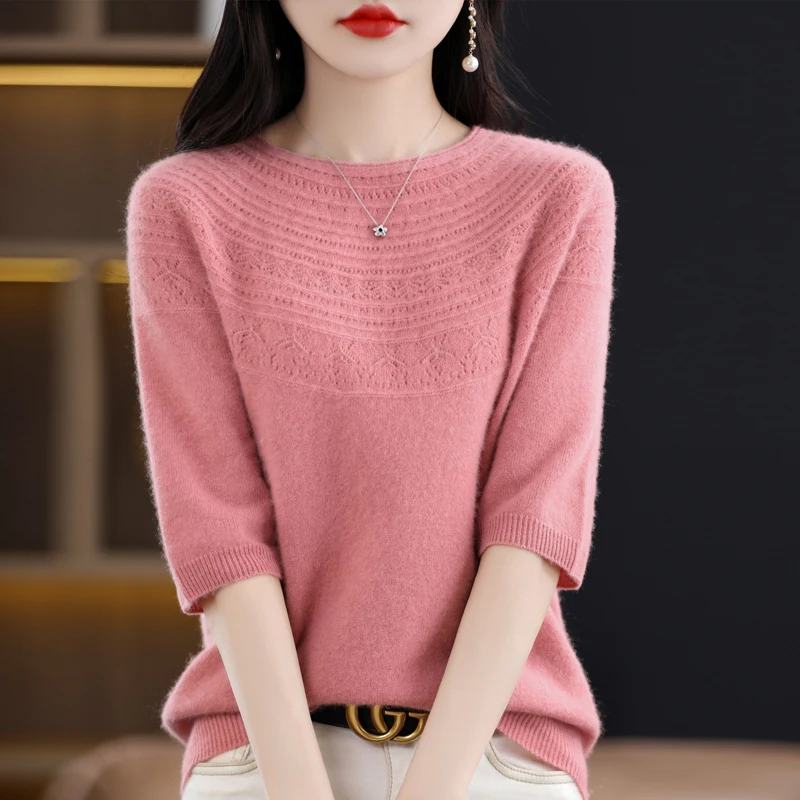 Ture 100% Sheep Wool Sweater Tops Women Spring & Autumn Hollow Out Seamless Knitwear Half Sleeve Ladies Pure Wool Knit T-Shirts