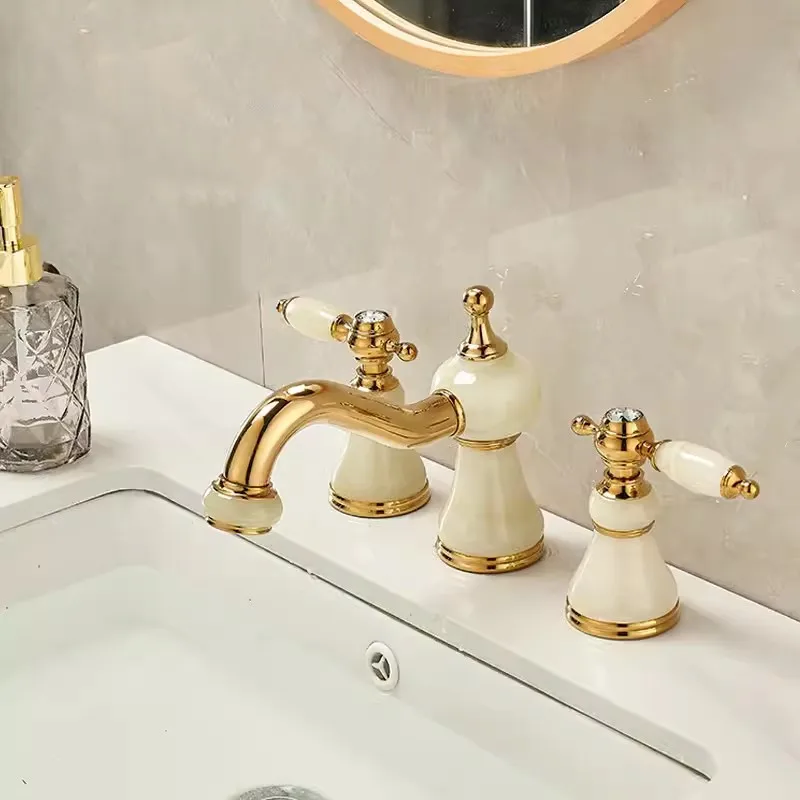 Basin Faucet Bathroom Widespread Sink Faucet Mixer Deck Natural Marble Sink Tap Three Holes Faucet Golden Mixer Tap Faucet