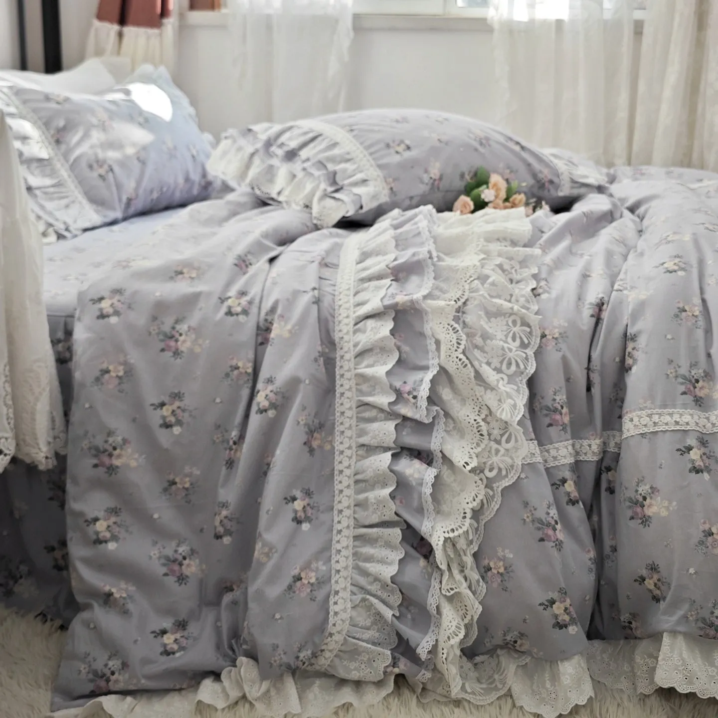 

Romantic Fresh Floral Bedding Set, French Inspired Princess Style with Heavy Embroidered Lace Duvet Cover Set, Cotton Bed skirt