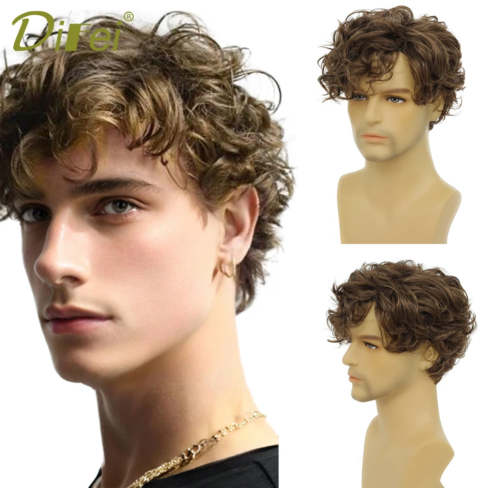 DIFEI New Short Curly Synthetic Wigs Men's Wigs Fluffy Natural Cover White Hair Show More Long Bangs Short Curly Wigs