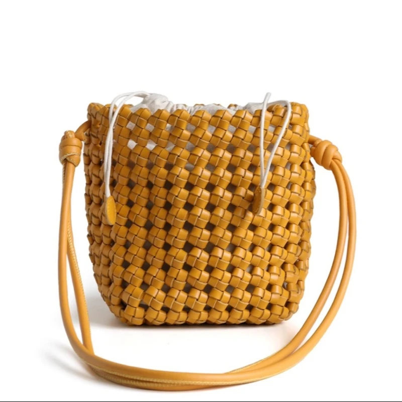 

Summer Fashionable Genuine Leather Hand-woven Bag Luxury Designer Hollow Out Bucket Shoulder Bag Exquisite Mini Crossbody Bag
