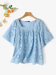 ZANZEA Fashion Short Sleeve Casual Work Shirt Summer Women Square Neck Blouse Elegant Lace Crochet Tops Bohemian Holiday Blusas