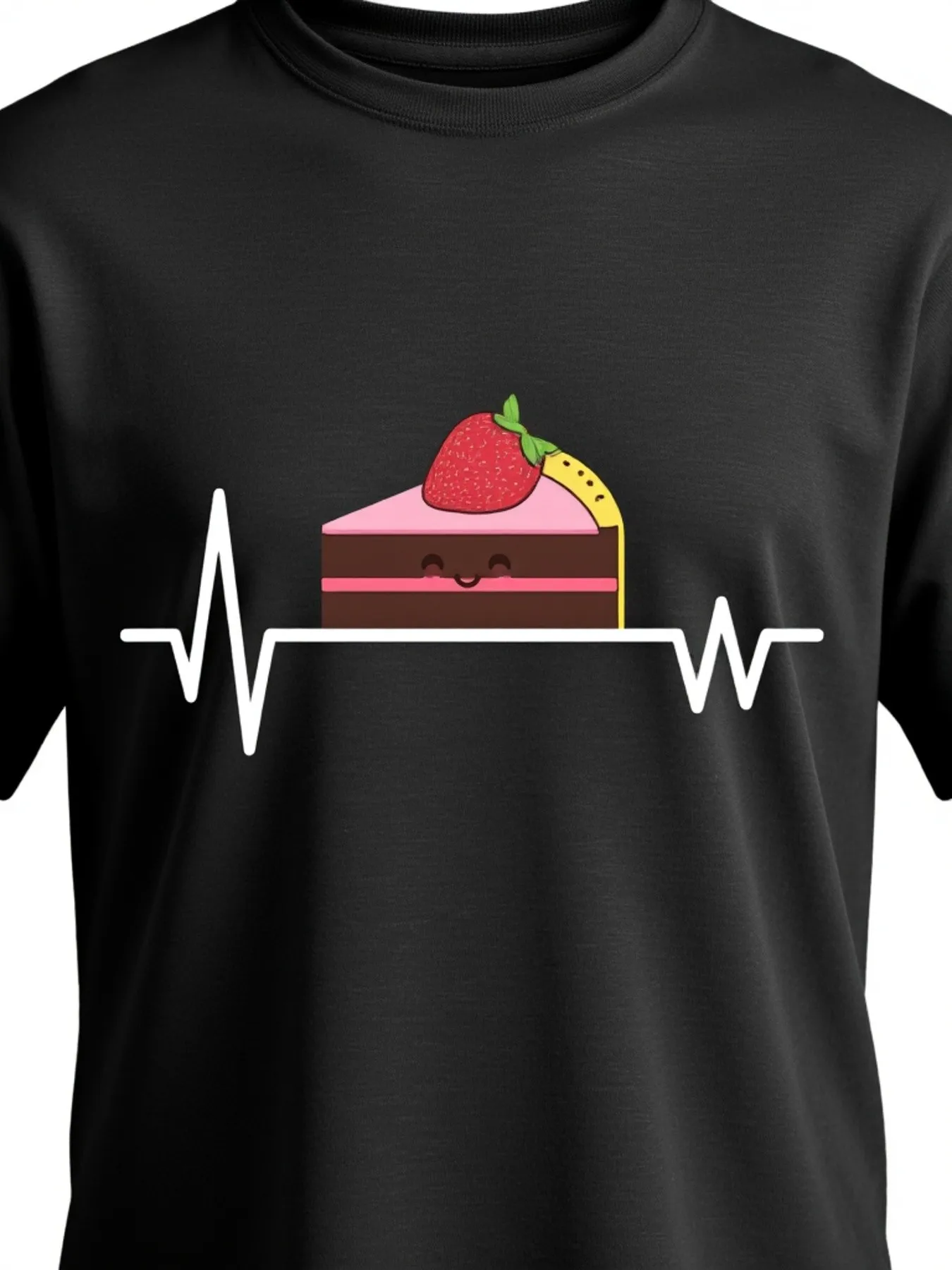 

Men's Black Casual T-Shirt with Heartbeat Cake Design - Comfortable Fit Short Sleeve Crew Neck, Cute Strawberry Shortcake and Heartbeat Design, Durable Digital Printing, Suitable for Casual Wear, Birthday Party Outfits and Leisure Activities
