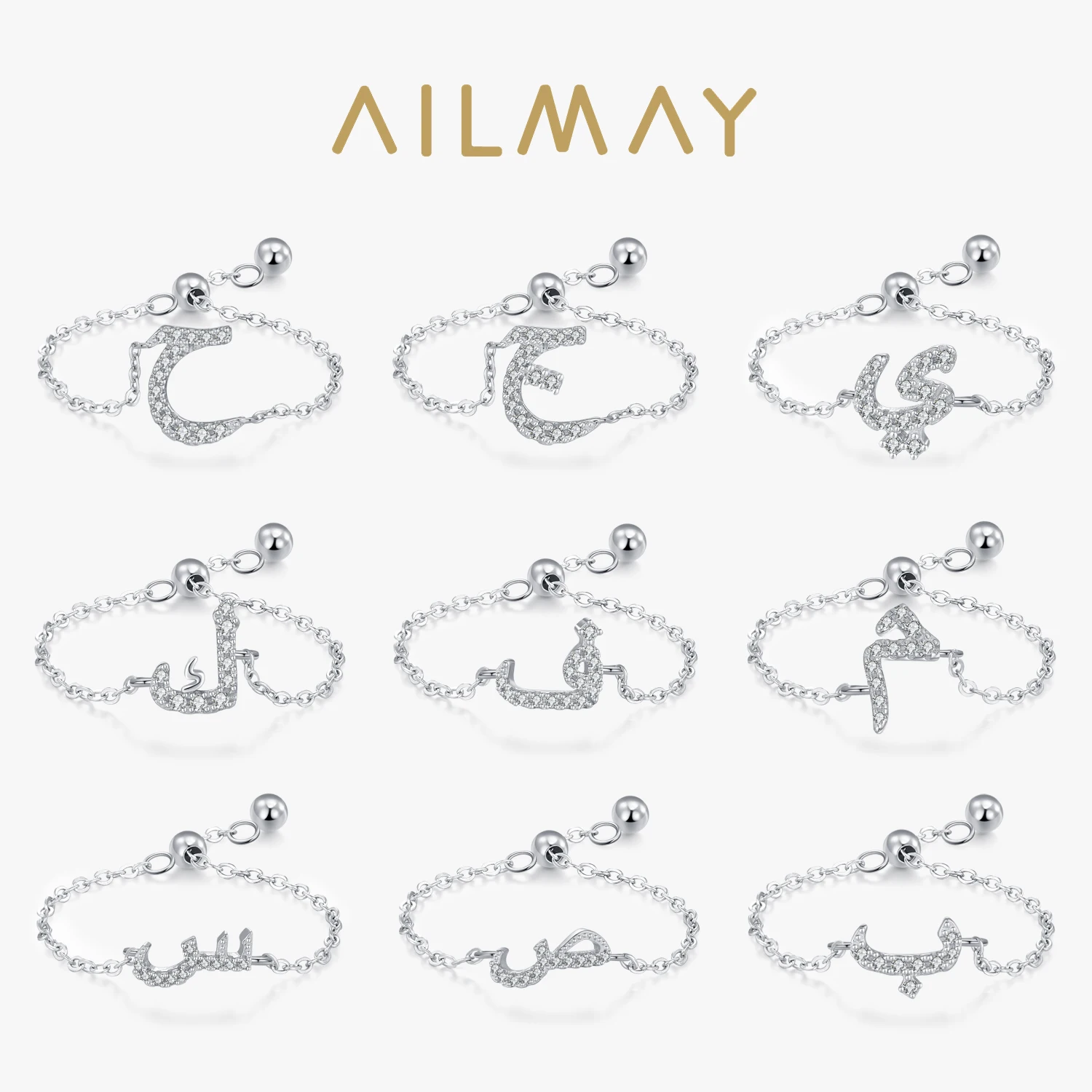 Ailmay Elegant 925 Sterling Silver Arabic Alphabet Chain Adjustable Ring For Women Wedding Birthday Mother Days Day Gift