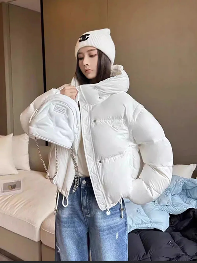 Winter Women\'s Down Coat Detachable Double Sleeve Hooded Jacket 2024 New Triangle Label Fluffy Women\'s Jacket Parka Coat