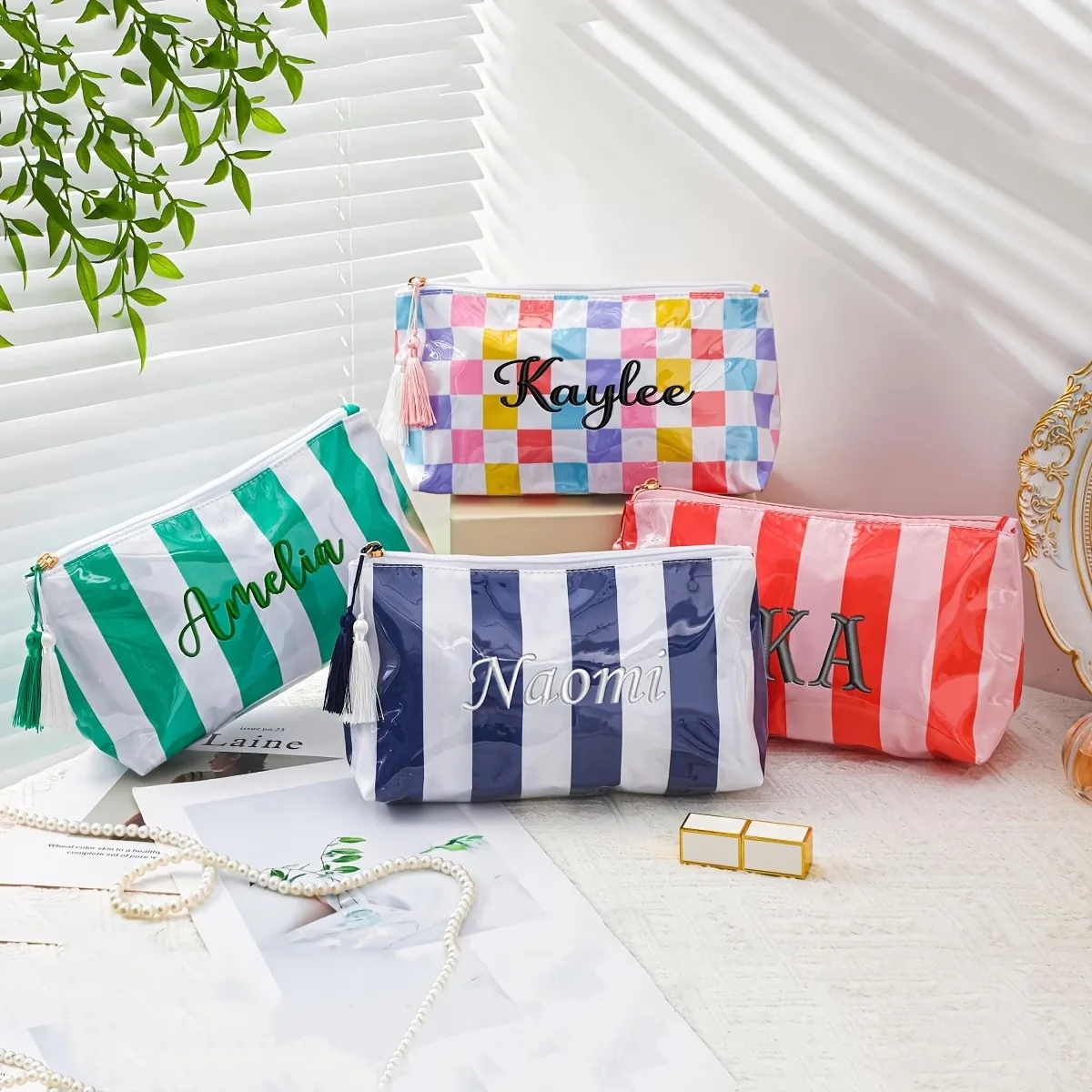 Striped Clear PVC Makeup Bag, Custom Embroidered Name Waterproof Cosmetic Wash Bag, Portable Travel Toiletry Pouch, Wedding Gift