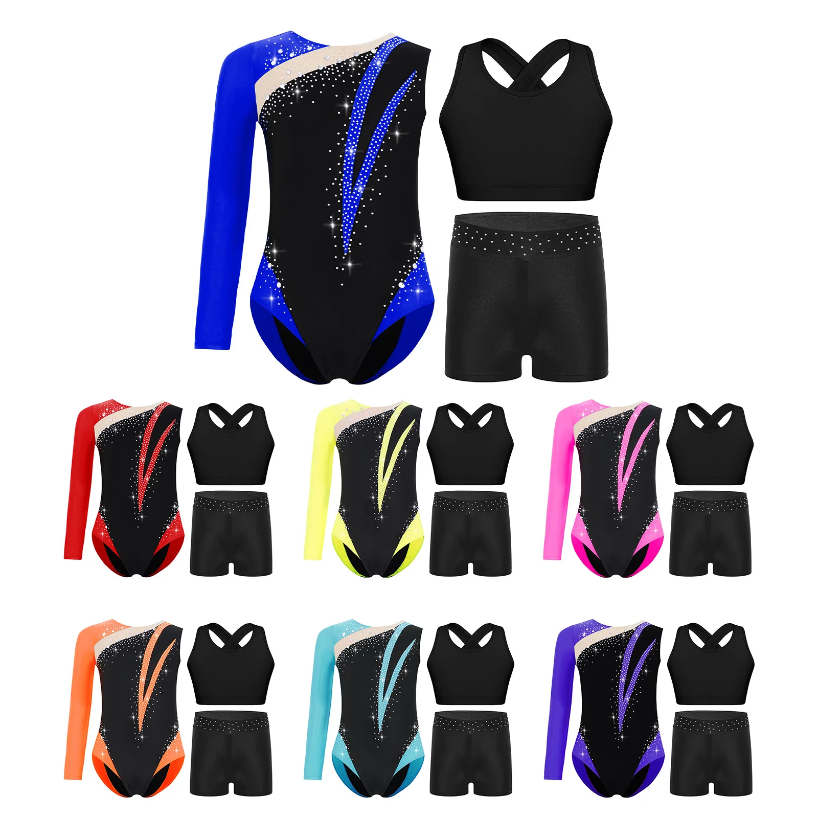 

Sparkling Lyrical Gymnastics Leotard Set for Girls with Cross Back Keyhole Vest And Shorts for Ballet Latin Dance Competitions