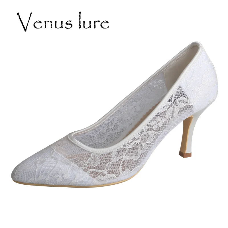 Wedopus Customized 7.5CM White Lace Wedding Shoes Bride Pointed Toe Women Pumps