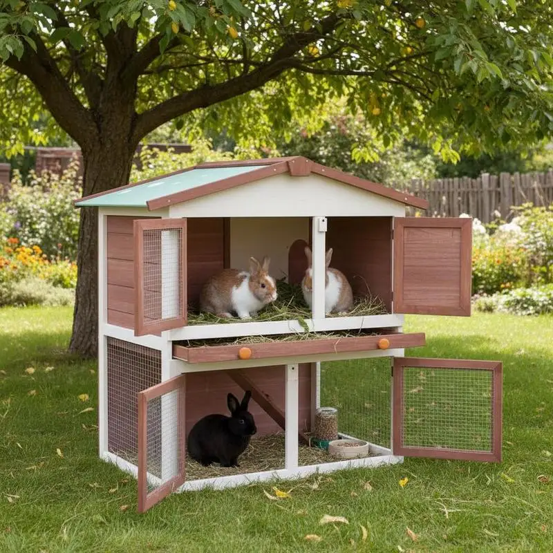 Kaninchenbox, Jaula para Conejos de 3 Puertas, Madera Marrón, para Terraza, Estabul, Jardín, Estable, Resistente a la Intemperie, Protege contra el Viento y la Humedad