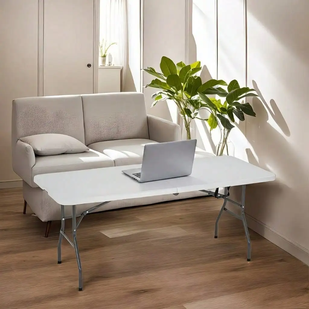 6‑Ft Heavy‑Duty Height Adjustable Folding Table, Fold‑In‑Half Plastic Utility Table, for Camping, Parties, Indoor & Outdoor Use
