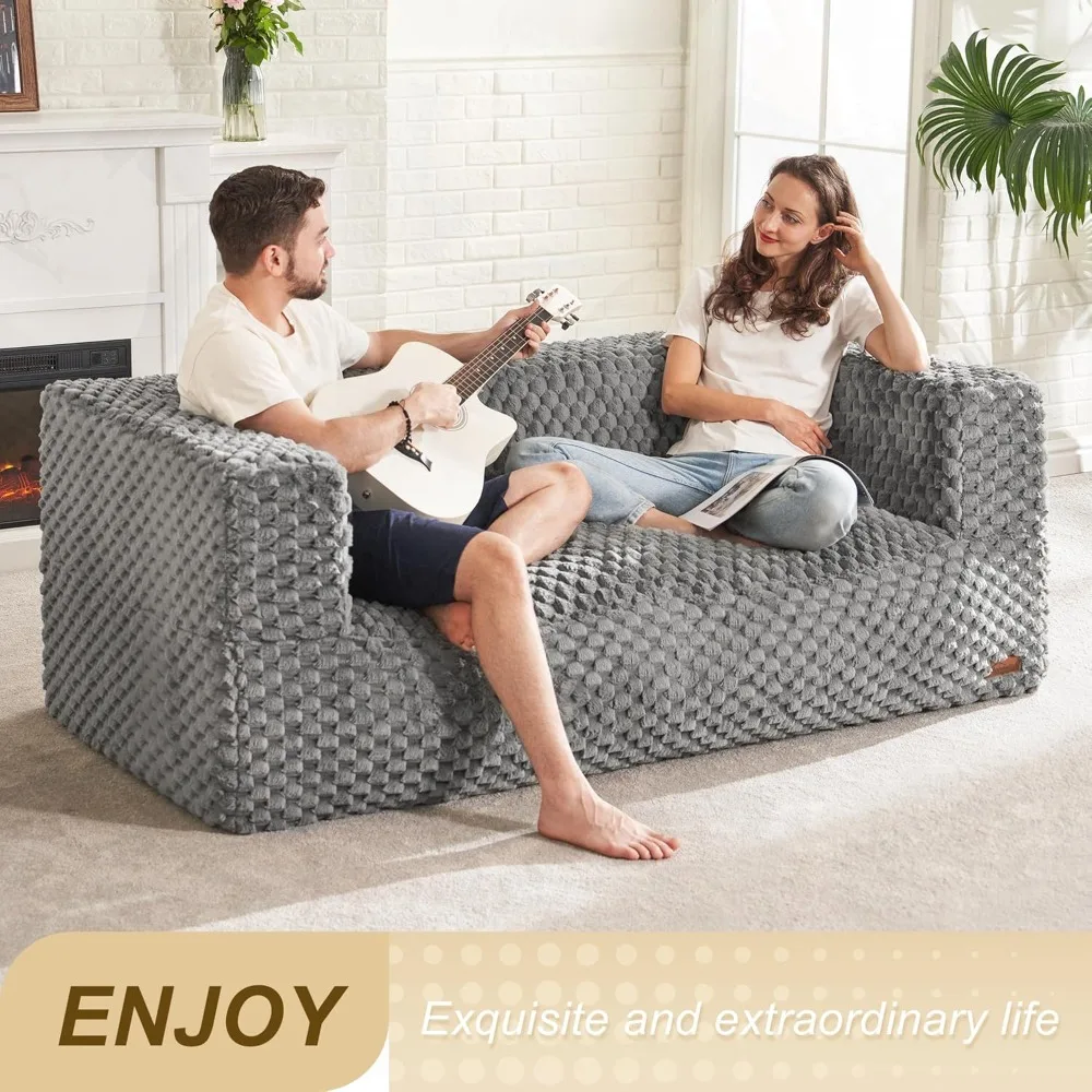 Canapé pouf pour adultes, fauteuil pouf à deux places avec accoudoirs et housse moelleuse, causeuse confortable au sol