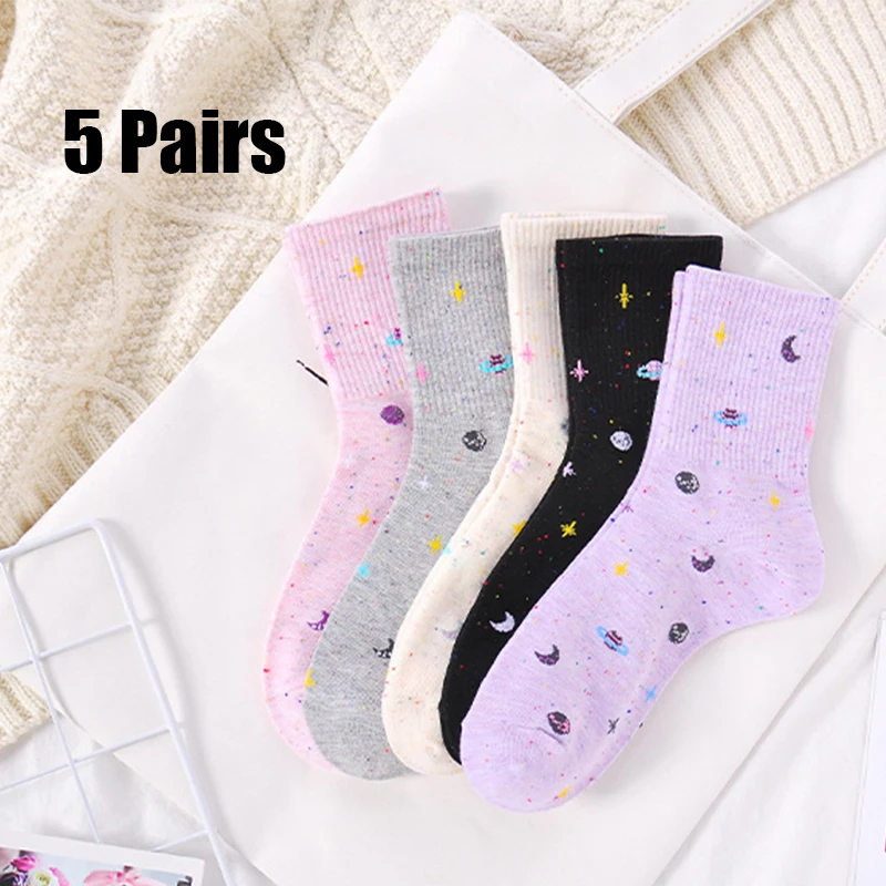 

5 пар женских хлопковых носков с забавным рисунком луны и звезд, модные, креативные, милые, повседневные, дышащие, для занятий спортом на открытом воздухе