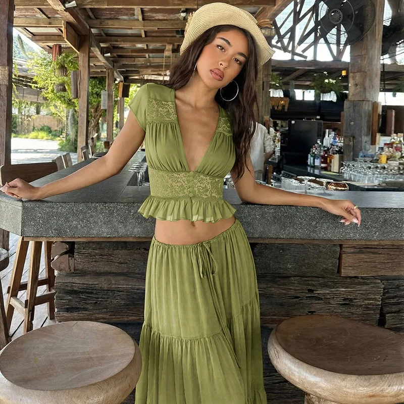 Women's 2-Piece Chiffon Skirt Set: V-Neck Top and Maxi Skirt