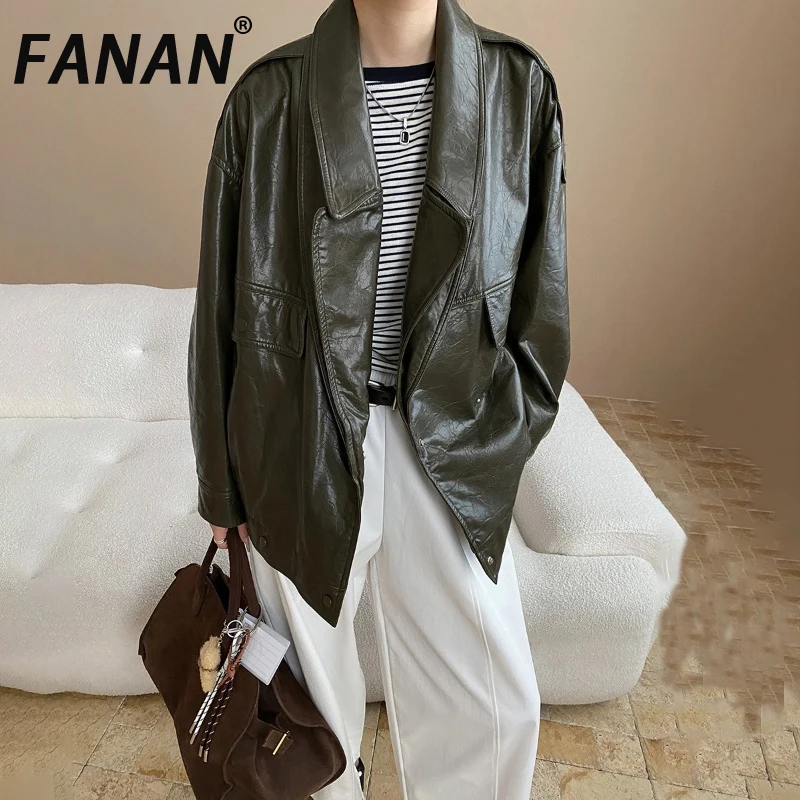 

FANAN Vintage Leather Blazers For Women Lapel Single Breasted Long Sleeve Spliced Design Loose Coats Fashion 2025 Autumn New