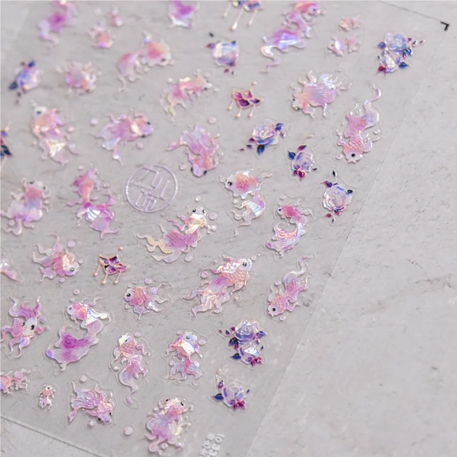 1pcs 5D Embossed Glitter Fish Nail Art Kawaii Stickers Pink Yellow Red Self-adhesive Transfer Nail Decorations Slider Decals DIY