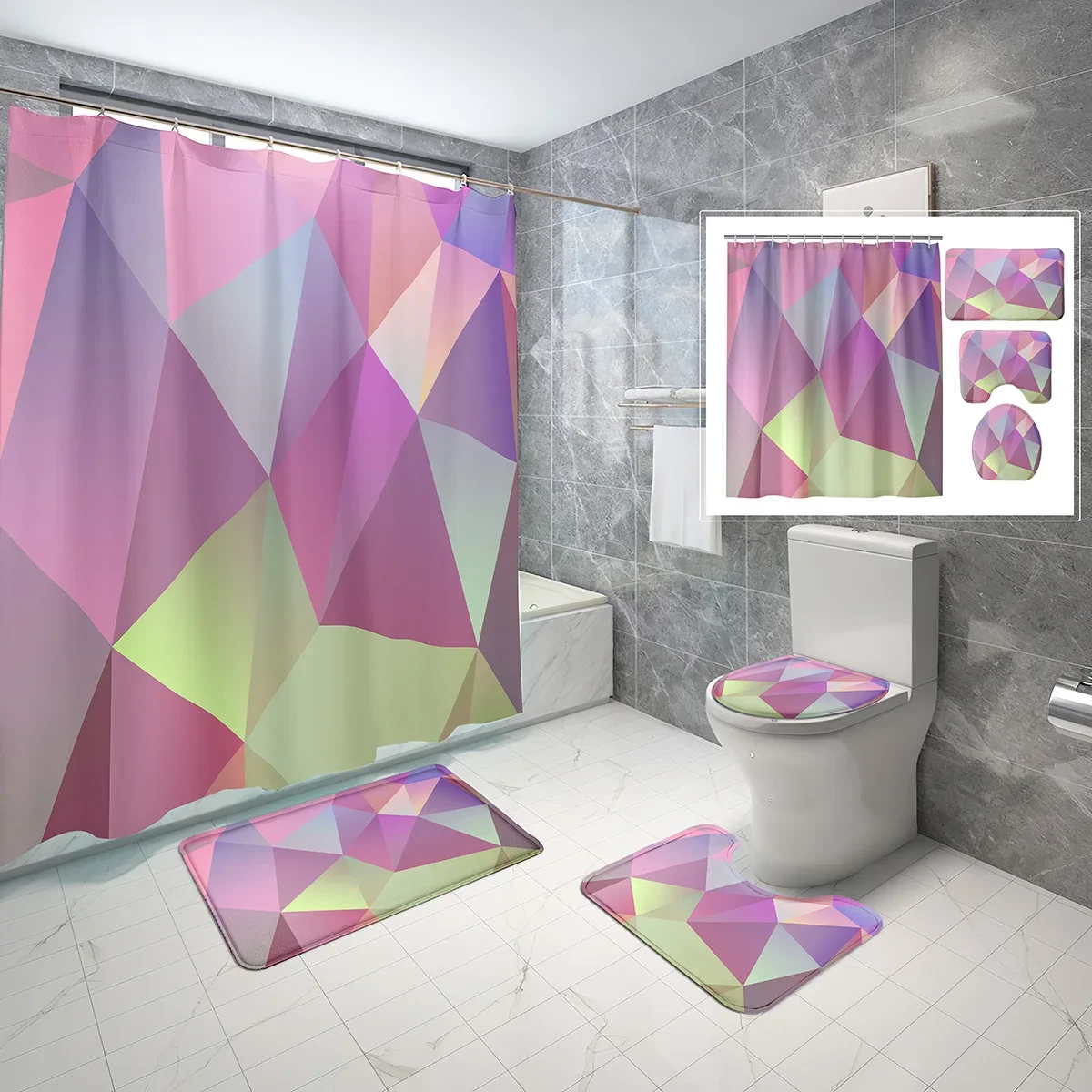 4 Sets Marble Geometry Shower Curtain Sets with Non-Slip Bath Mat,Toilet Lid Cover and Minimalism Pattern Shower Curtain Set