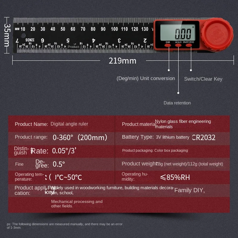 Two-in-One Display Goniometer Protractor Digital Black Vernier Caliper Horizontal Ruler