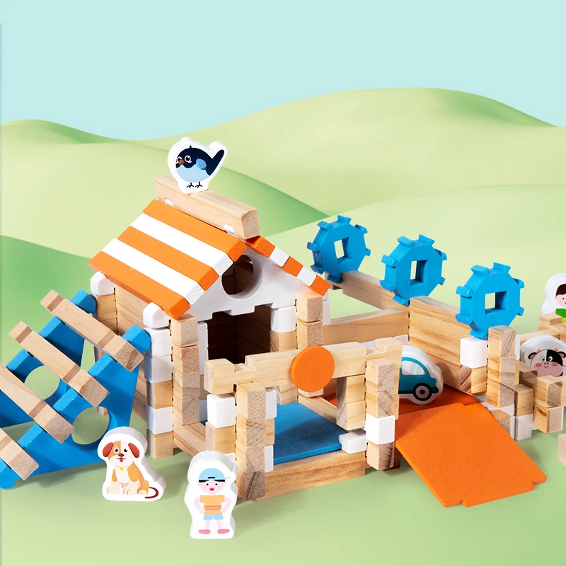 DIY บล็อกอาคารไม้ชุด Mini House Montessori การเรียนรู้ของเล่นเด็ก Early Education สร้างสรรค์ไม้บล็อกซ้อนของเล่น