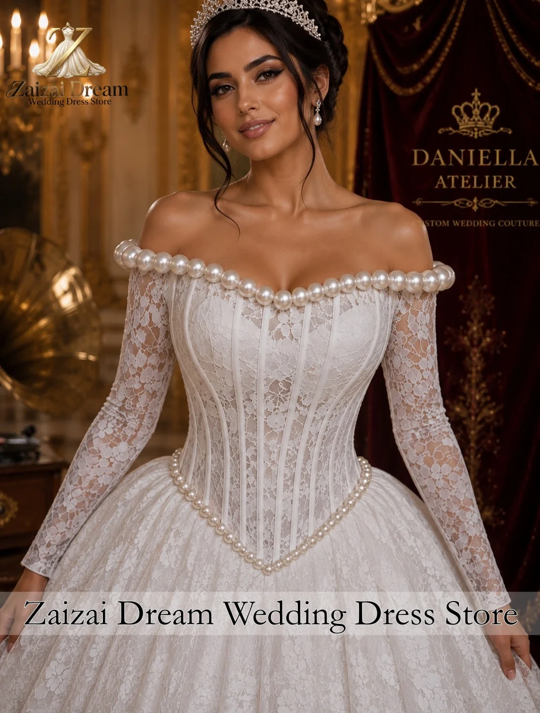 Customized Luxury Large Pearl Off Shoulder Wedding Dress Lace Ball Gown Long Sleeve Corset Bridal Gown Vestidos De Novia